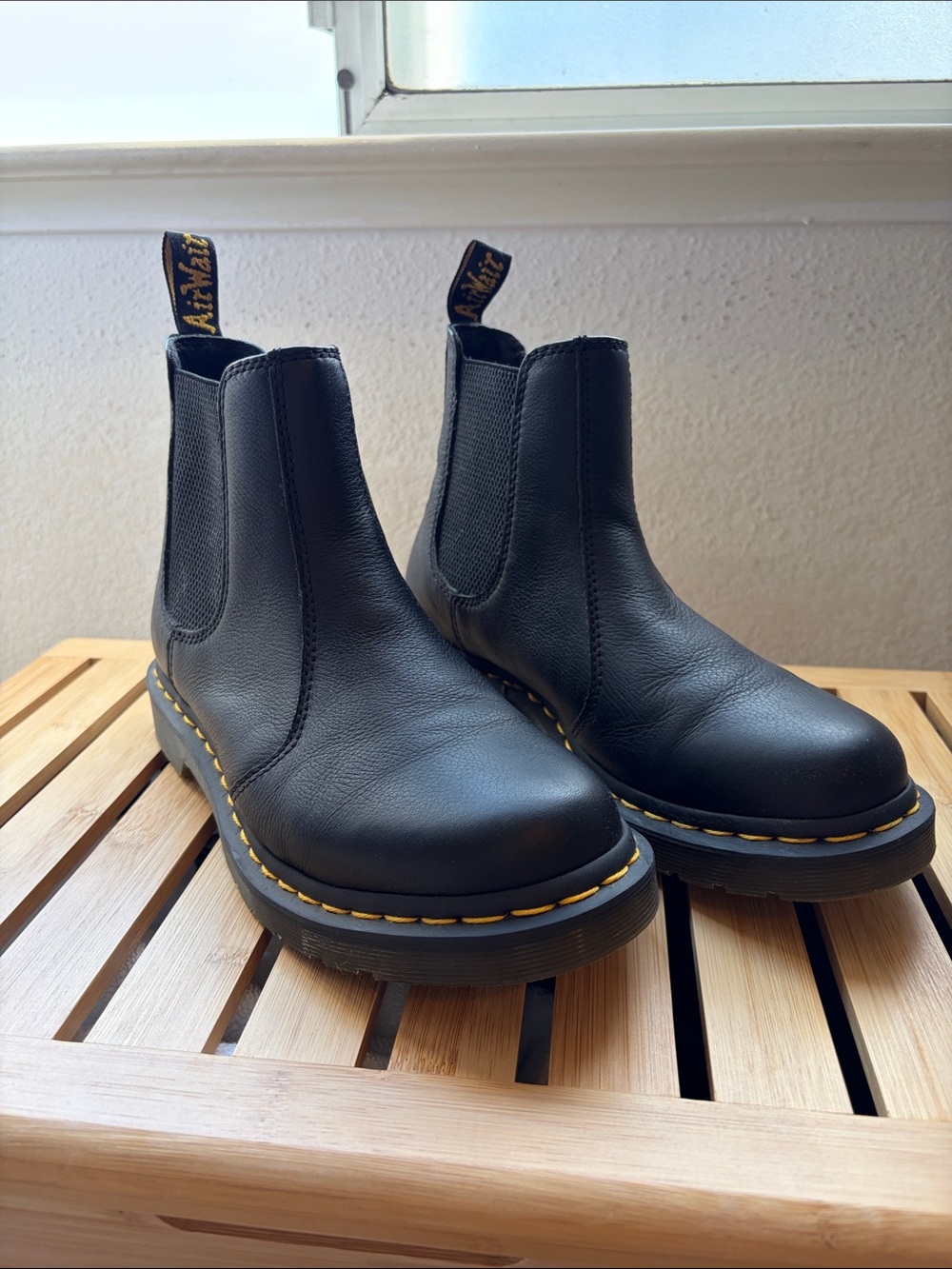 Dr. Martens Black Leather Chelsea Boots with Yellow Stitching